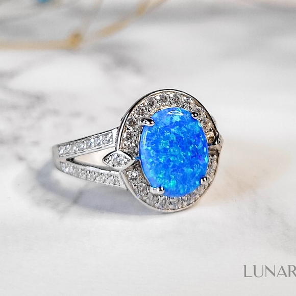 925 Sterling Silver Oval Blue Opal Halo Ring with Split Shank - Picture 1 of 7